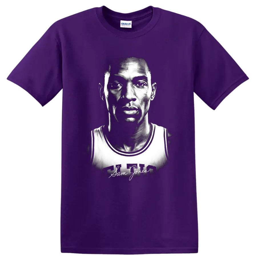 Black-and-white Sam Jones basketball portrait with Celtics jersey and signature on a Purple T Shirt
