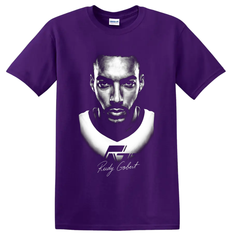 Rudy Gobert No. 27 black-and-white basketball portrait with signature-style lettering on a Purple T Shirt