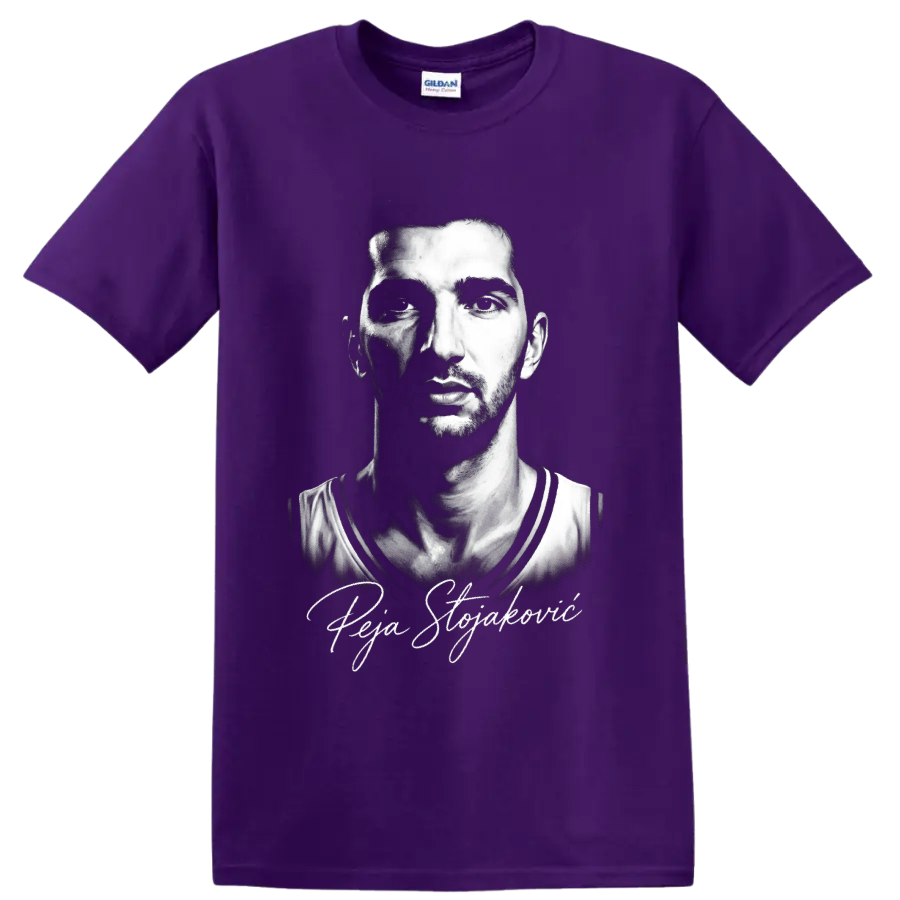 Peja Stojakovic black-and-white basketball portrait with signature-style script on a Purple T Shirt