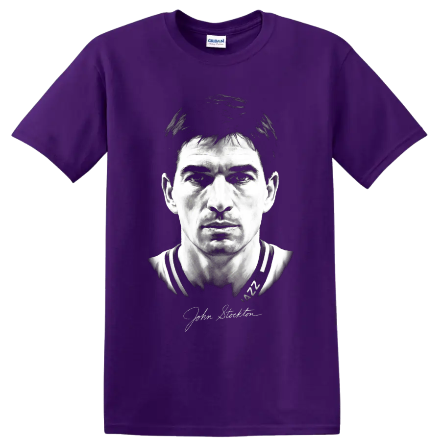 John Stockton Utah Jazz No. 12 monochrome basketball portrait with signature on a Purple T Shirt