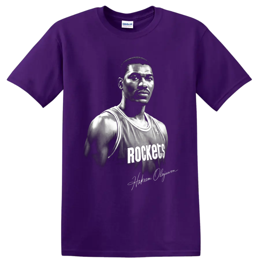 Black-and-white Hakeem Olajuwon Houston Rockets No. 34 basketball portrait on a Purple T Shirt