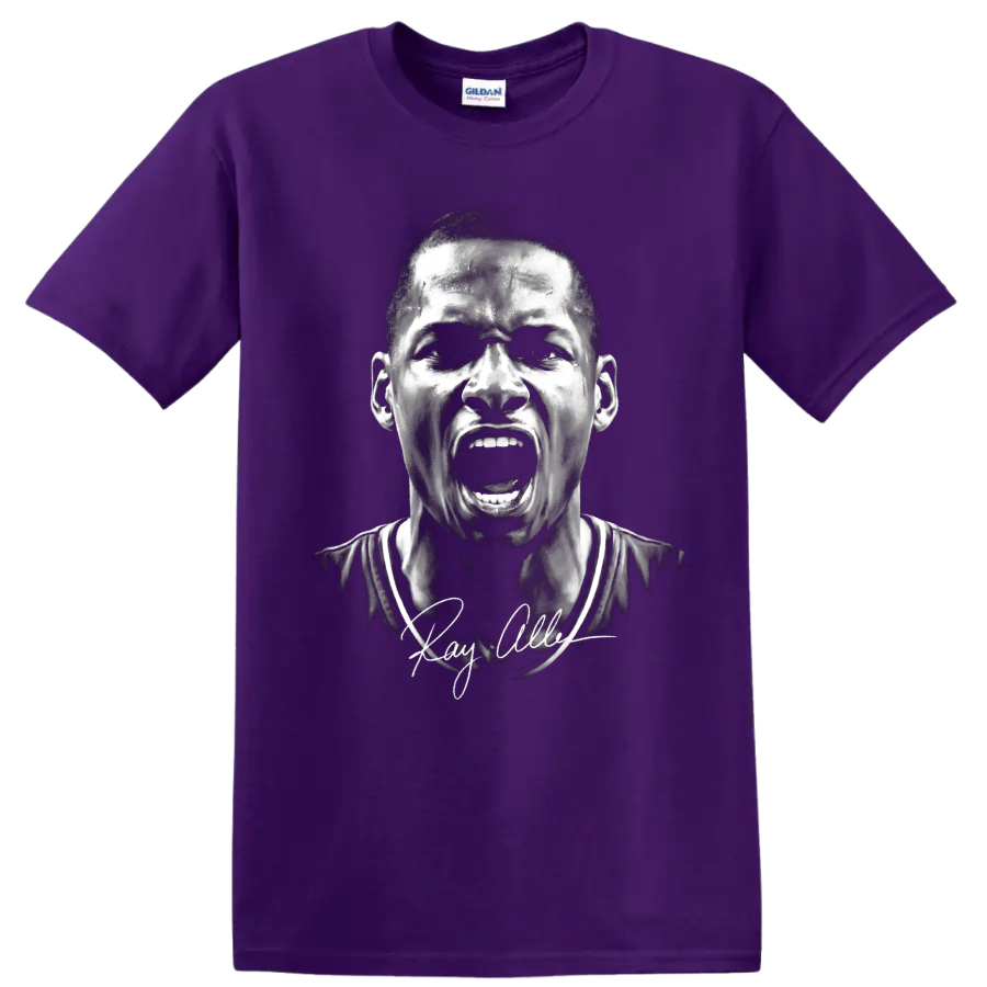 Monochrome Ray Allen shouting basketball portrait with signature-style detail on a Purple T Shirt