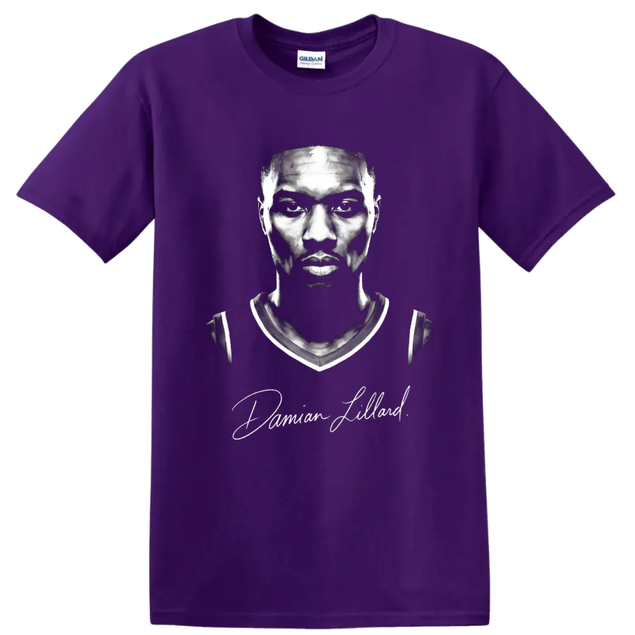 Damian Lillard monochrome basketball portrait with signature-style script on a Purple T Shirt