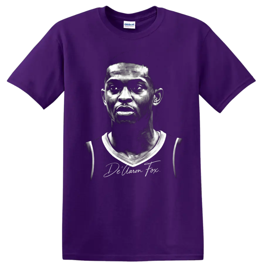 Monochrome De'Aaron Fox Sacramento Kings No. 5 basketball portrait on a Purple T Shirt