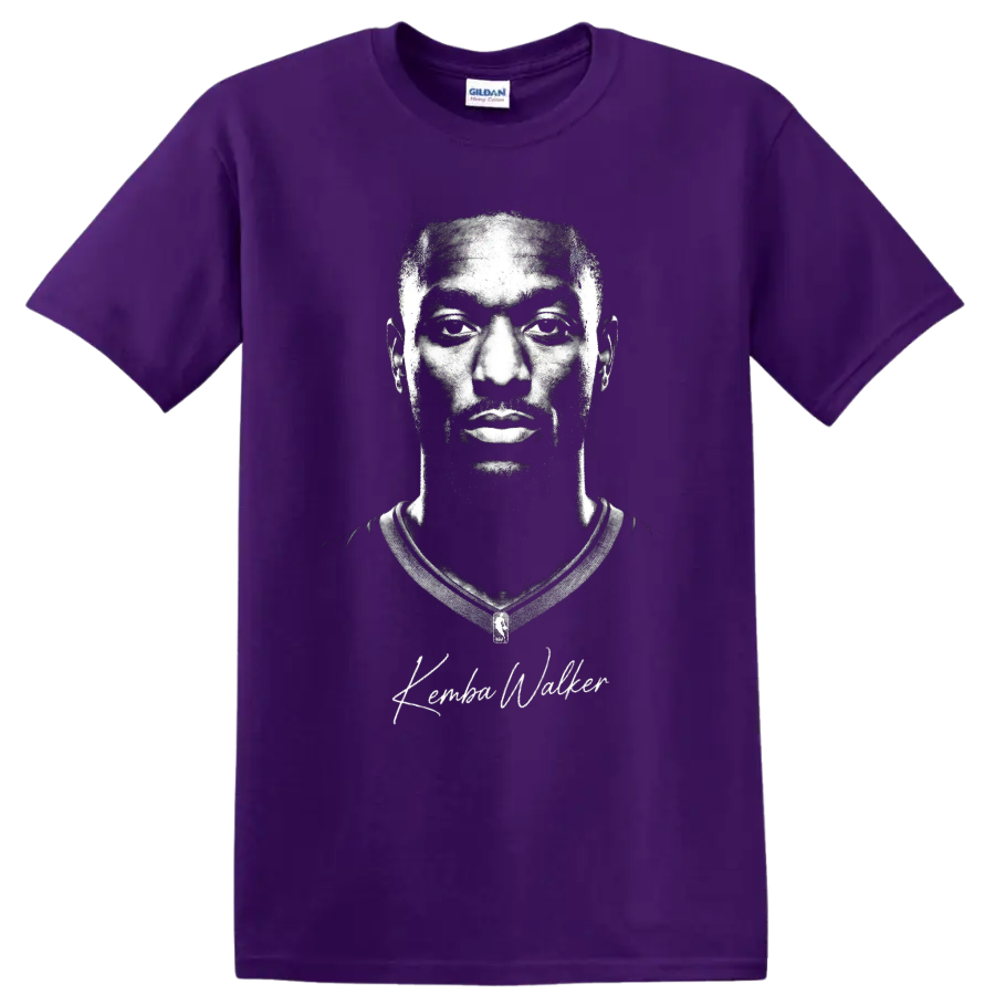 Monochrome Kemba Walker Charlotte Hornets No. 15 basketball portrait with signature on a Purple T Shirt