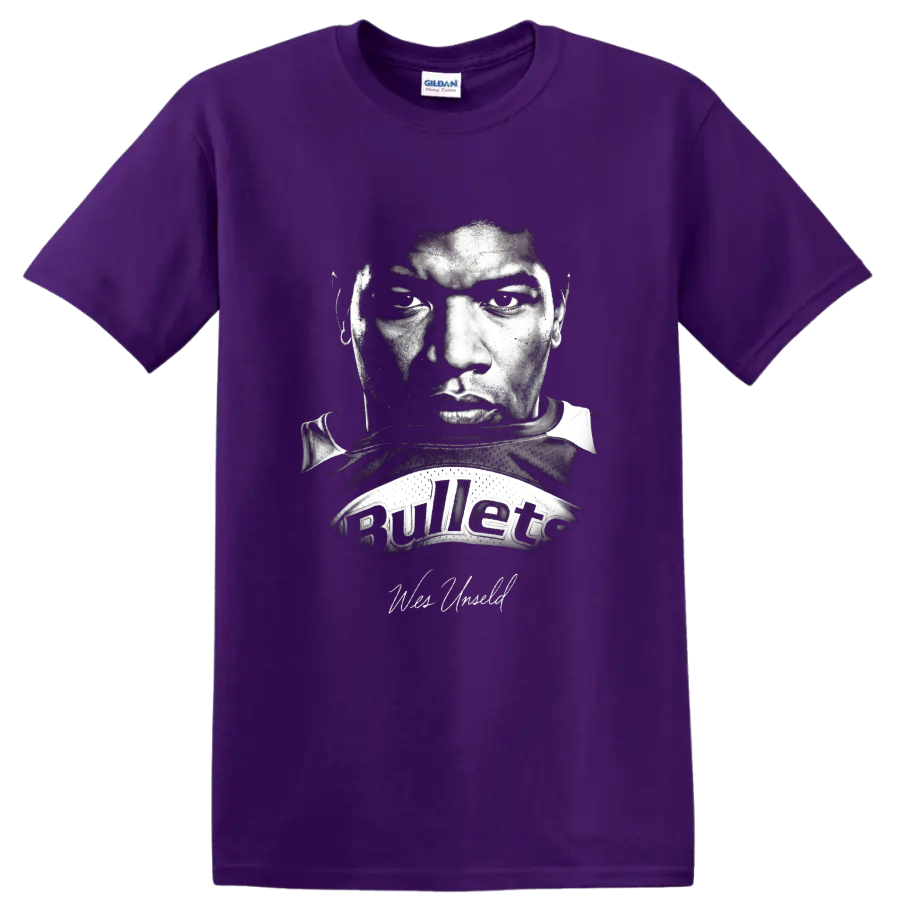 Wes Unseld Washington Bullets No. 41 black-and-white vintage portrait graphic on a Purple T Shirt