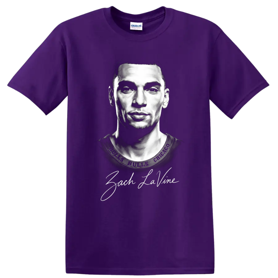 Zach LaVine Chicago Bulls No. 8 monochrome portrait with signature lettering on a Purple T Shirt