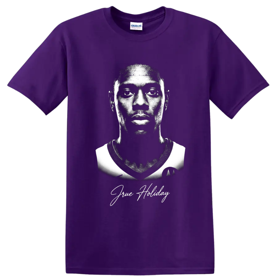 Jrue Holiday black-and-white basketball portrait with signature-style script on a Purple T Shirt