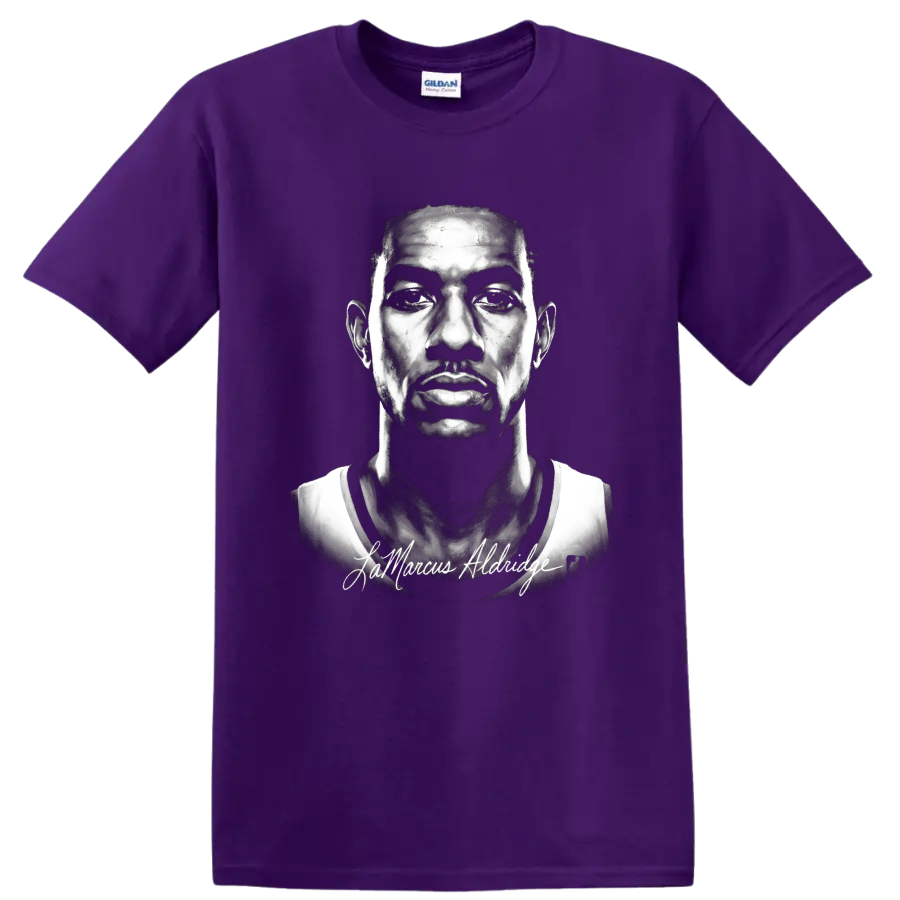Monochrome LaMarcus Aldridge portrait with cursive signature on a Purple T Shirt
