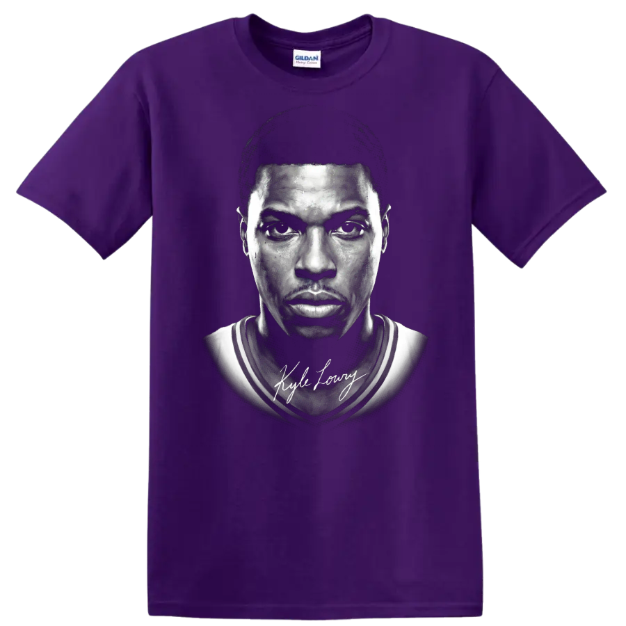 Kyle Lowry Toronto Raptors No. 7 black-and-white basketball portrait with signature on a Purple T Shirt