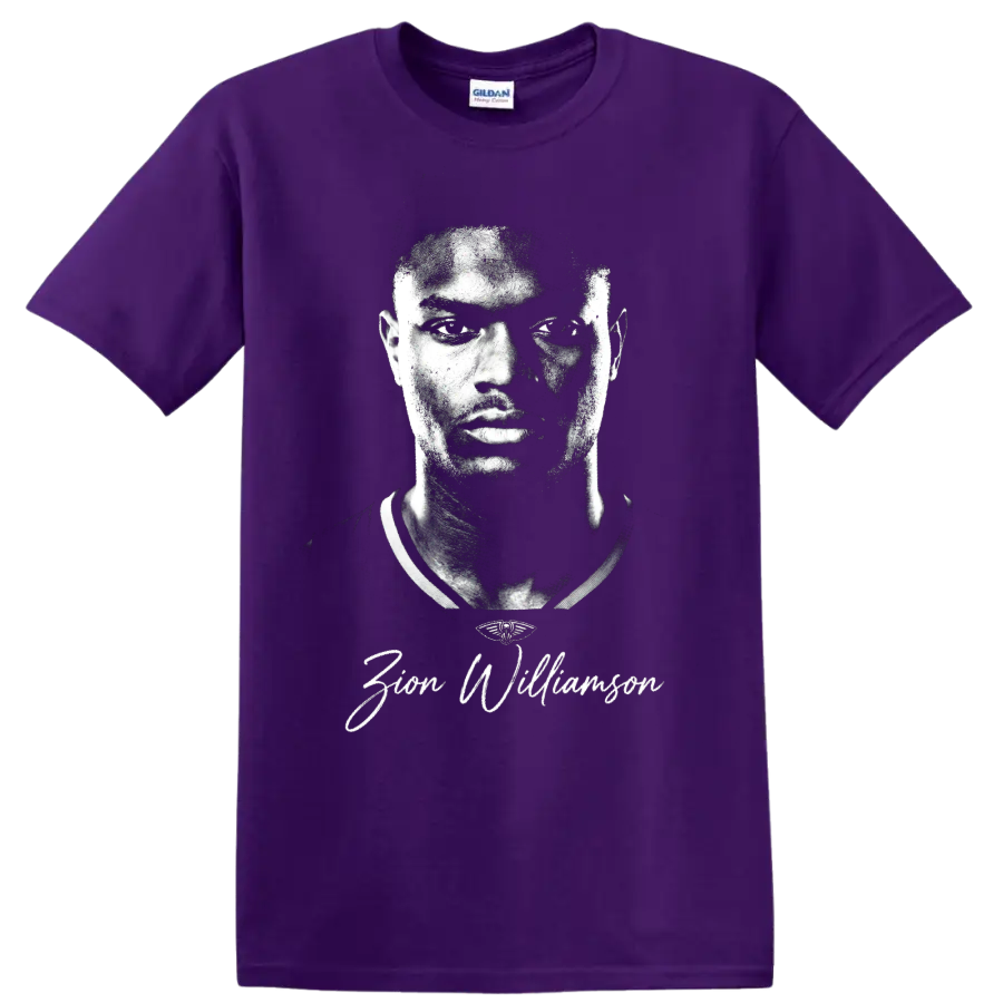 Zion Williamson monochrome basketball portrait with signature-style lettering on a Purple T Shirt