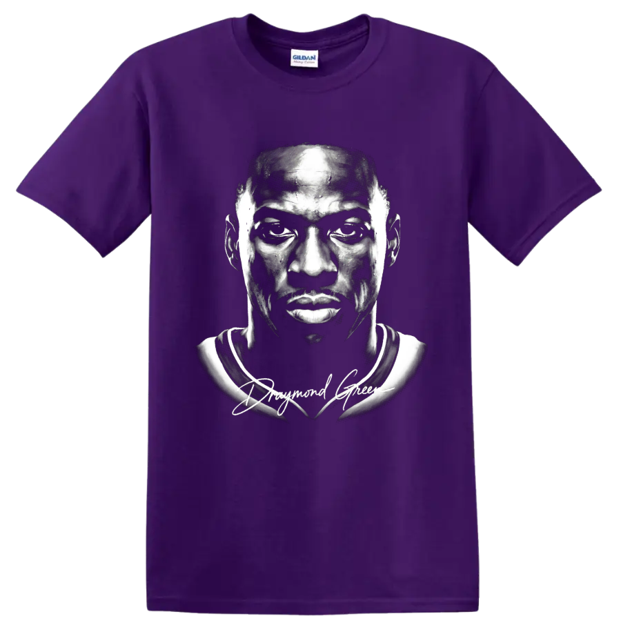 Monochrome Draymond Green basketball portrait with signature-style script on a Purple T Shirt
