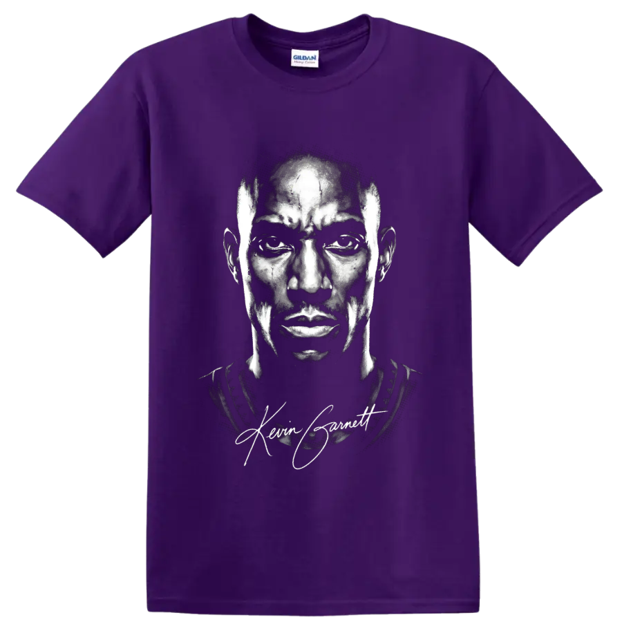 Kevin Garnett black-and-white portrait with signature basketball fan graphic on a Purple T Shirt