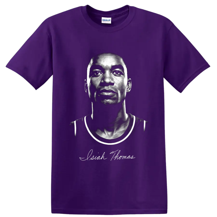 High-contrast Isiah Thomas Detroit Pistons basketball portrait with signature-style script on a Purple T Shirt