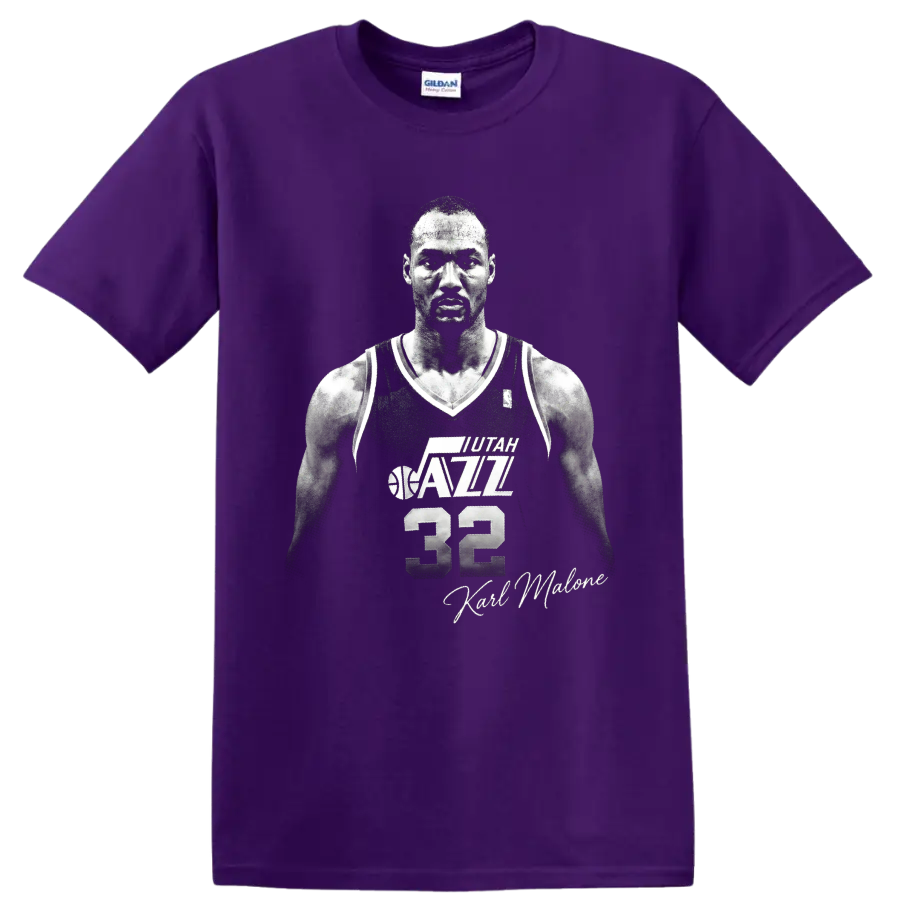Karl Malone Utah Jazz No. 32 black-and-white basketball portrait with signature on a Purple T Shirt