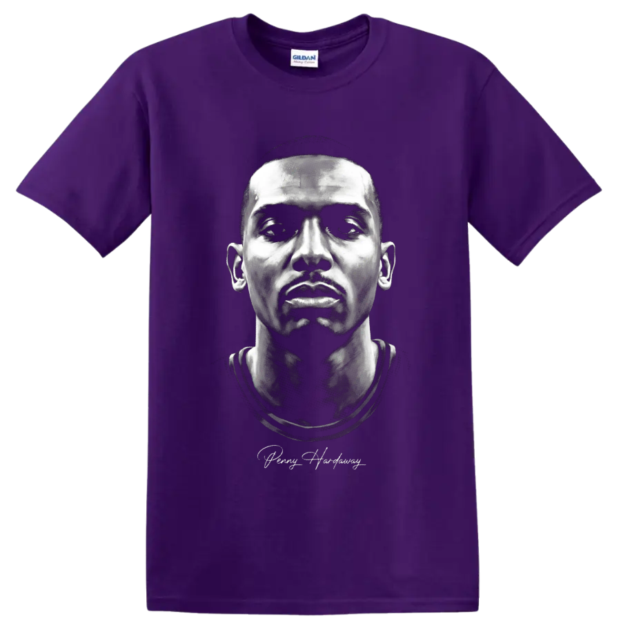 Monochrome Penny Hardaway portrait with cursive signature on a Purple T Shirt