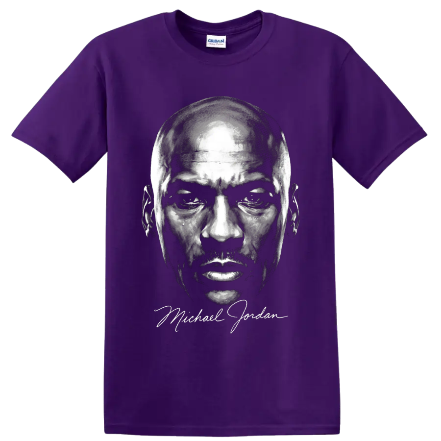 Michael Jordan black-and-white portrait graphic with signature-style script on a Purple T Shirt