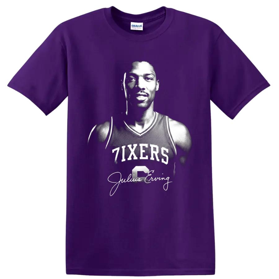 Black-and-white Julius Erving 76ers No. 6 portrait with signature-style script on a Purple T Shirt