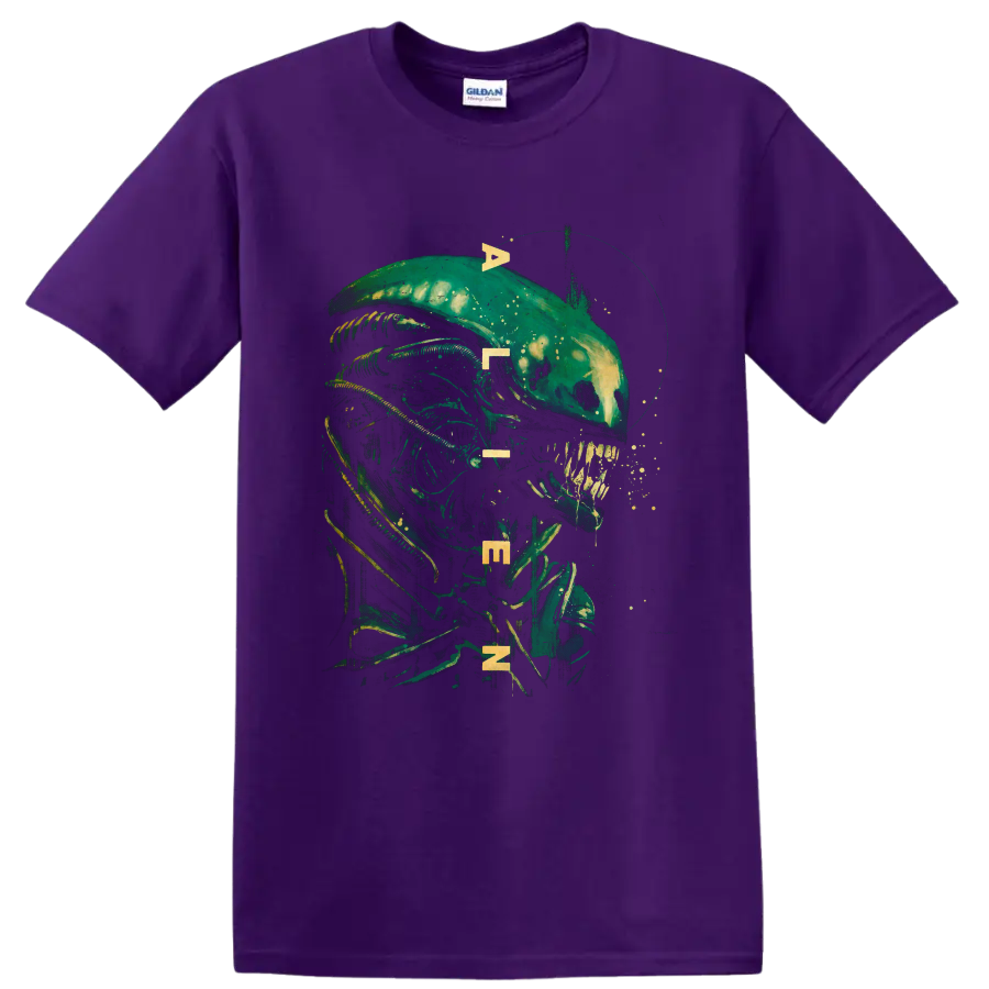 Alien biomechanical creature portrait with distressed sci-fi horror artwork on a Purple T Shirt