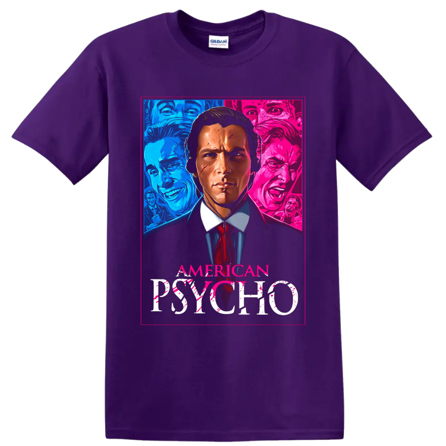 American Psycho neon horror portrait graphic with visible title text on a Purple T Shirt