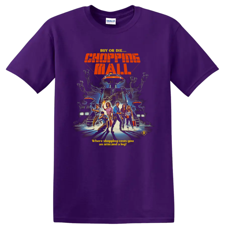 Chopping Mall retro killer robot movie poster print with Buy or Die text on a Purple T Shirt