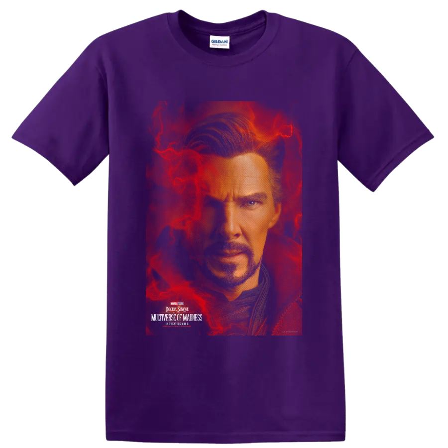 Doctor Strange sorcerer portrait graphic print with magical energy on a Purple T Shirt