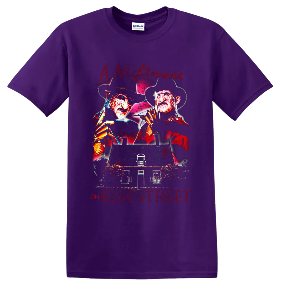 Freddy Krueger A Nightmare on Elm Street distressed horror graphic with house on a Purple T Shirt