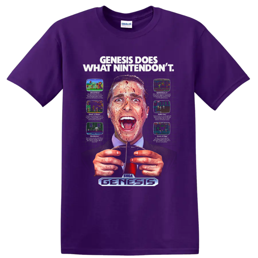 Patrick Bateman American Psycho Genesis retro gaming parody graphic on a Purple T Shirt