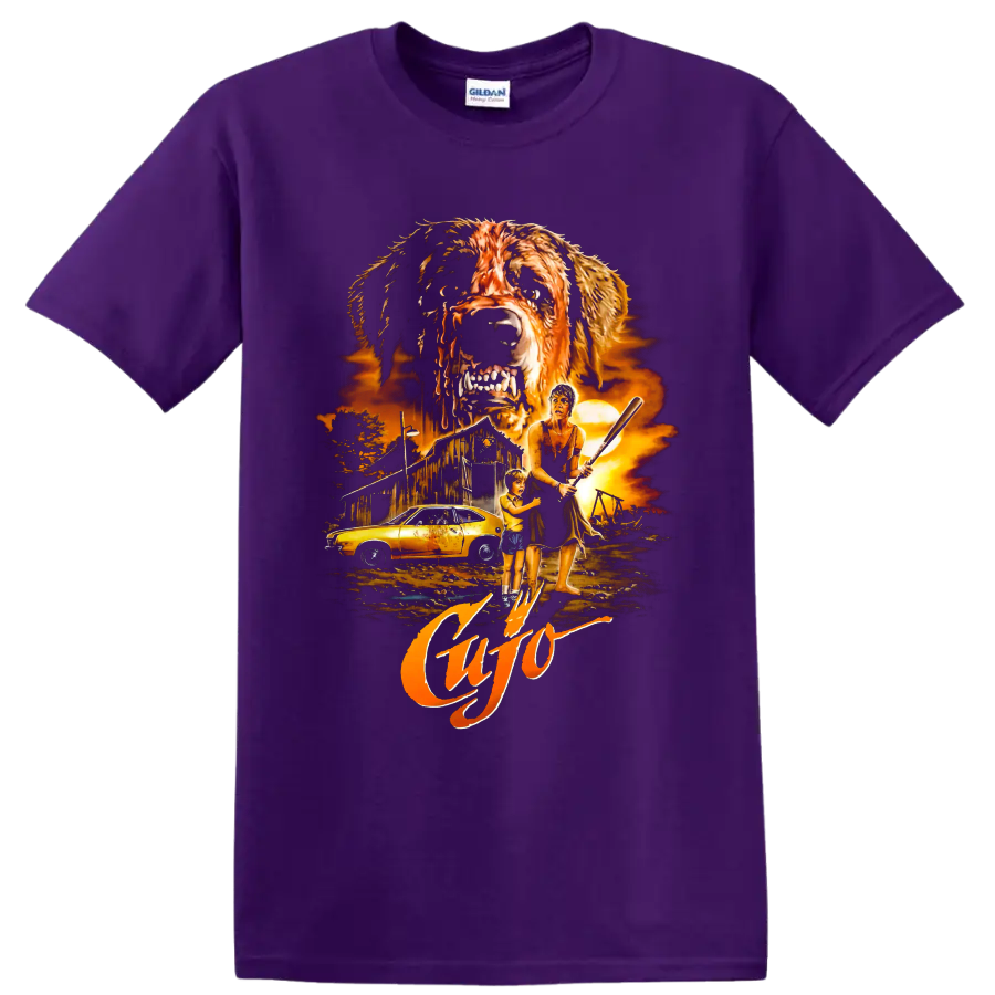Cujo horror movie graphic with rabid dog, barn, car, woman, and child on a Purple T Shirt