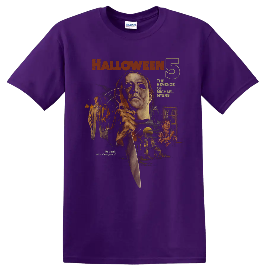 Halloween 5 Michael Myers vintage horror poster graphic print on a Purple T Shirt