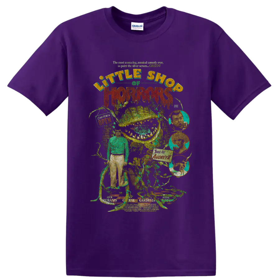 Little Shop of Horrors retro carnivorous plant horror collage on a Purple T Shirt