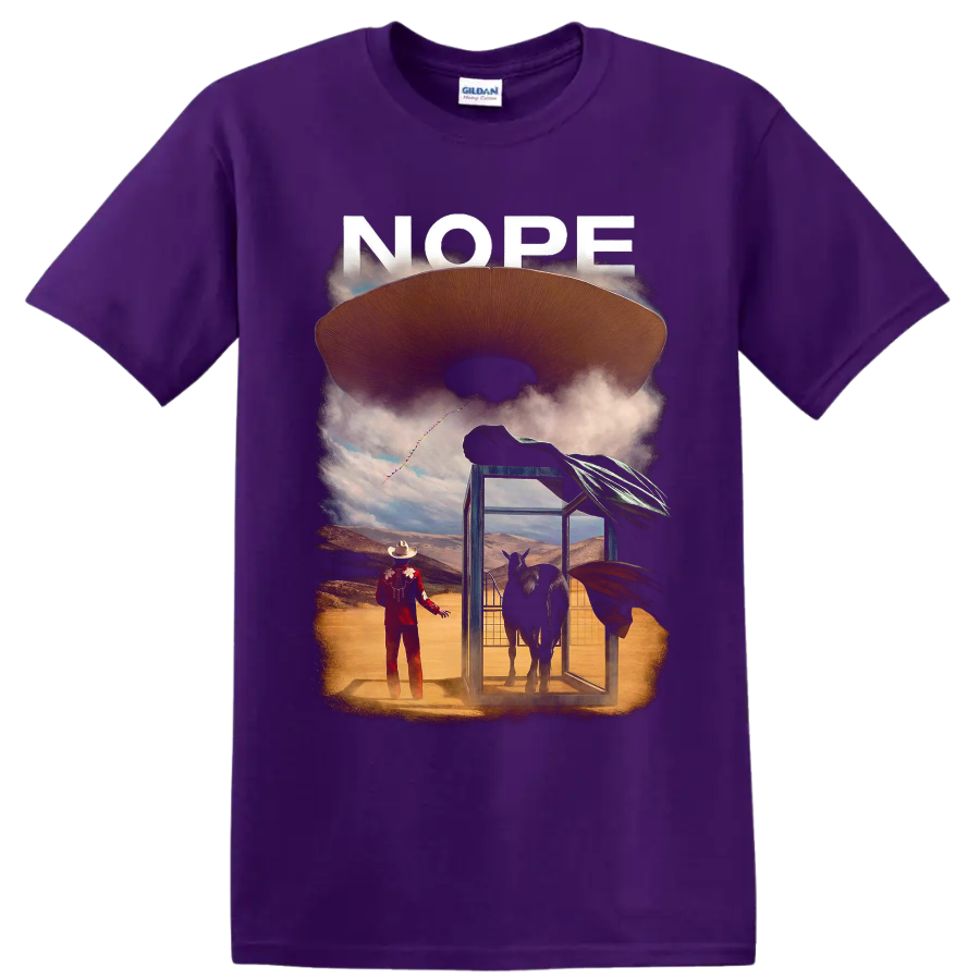 Nope movie graphic with flying saucer, horse ranch scene, and NOPE text on a Purple T Shirt