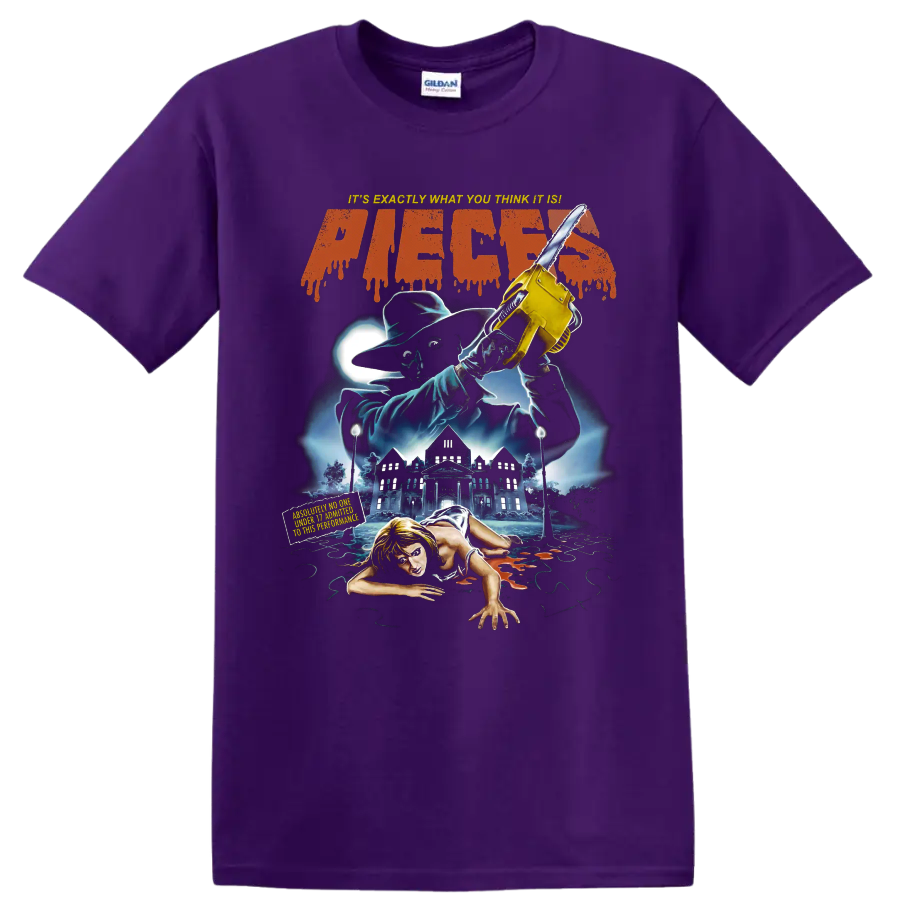 Pieces horror movie graphic with chainsaw, haunted mansion, and slasher artwork on a Purple T Shirt