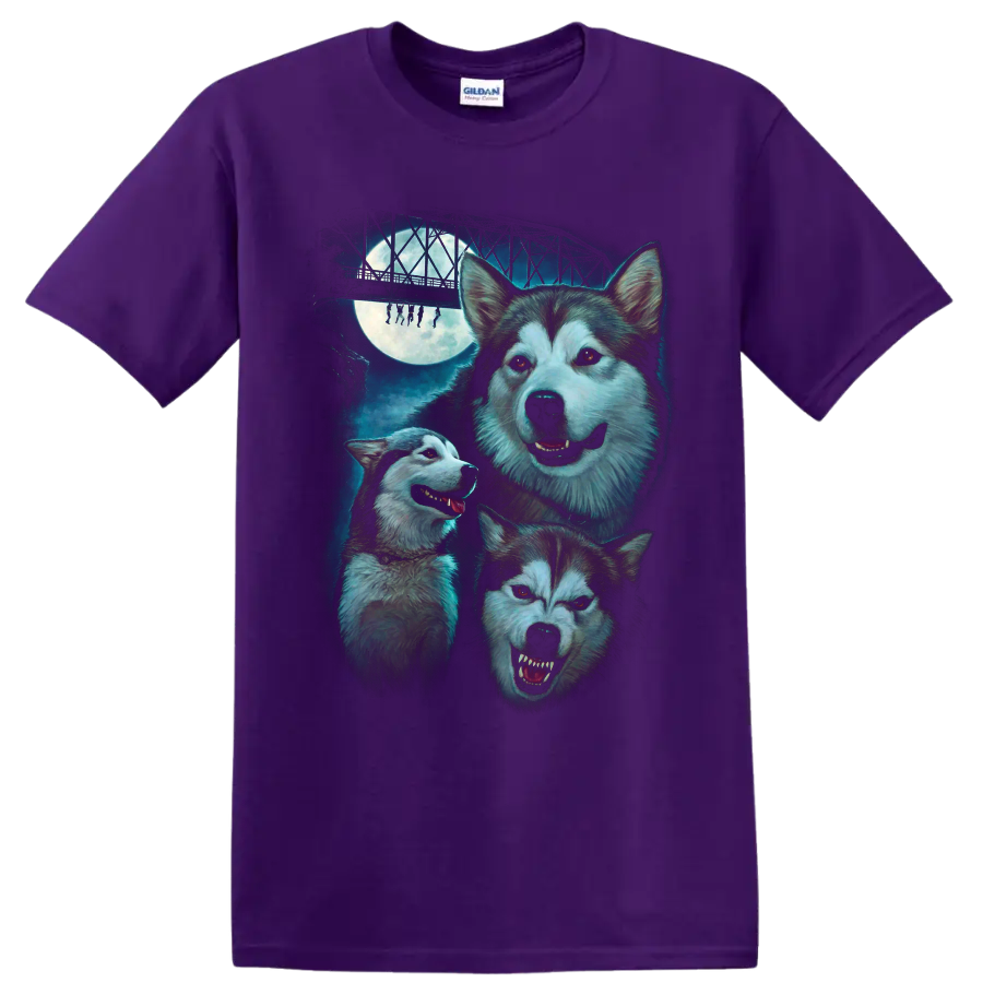 Three huskies under a full moon and bridge in horror movie art on a Purple T Shirt