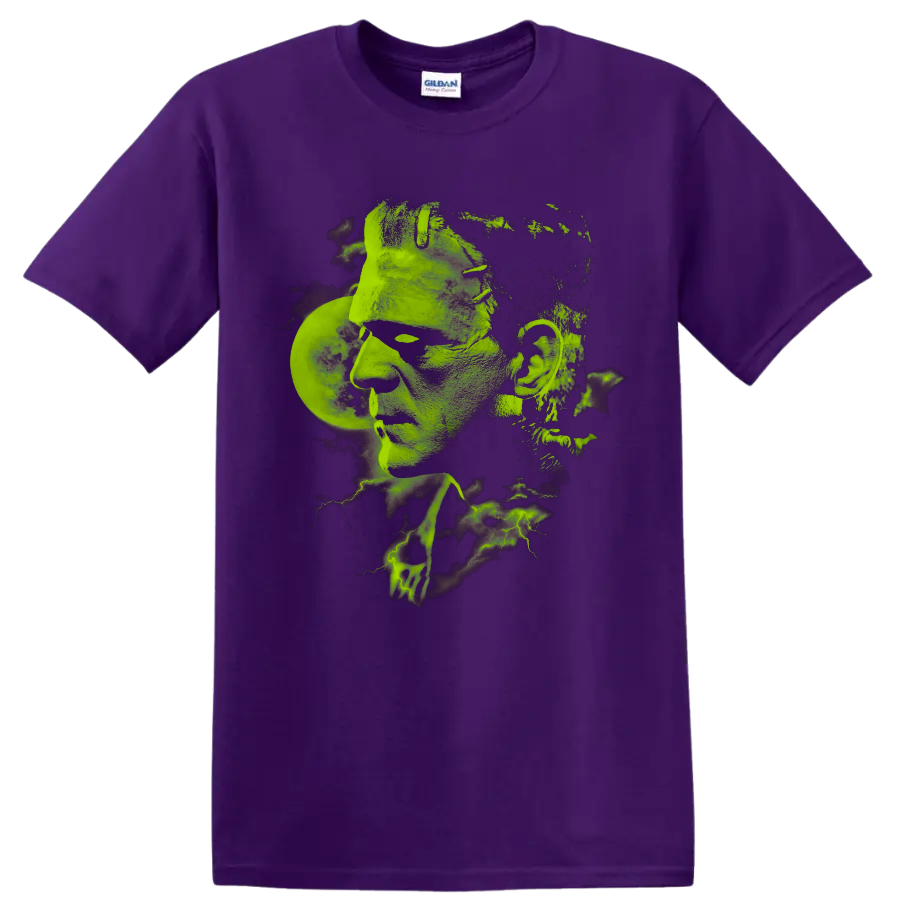 Frankenstein monster portrait with green lightning distressed graphic on a Purple T Shirt