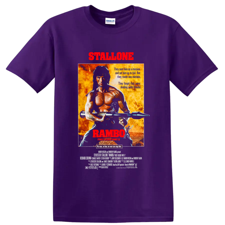 Rambo First Blood Part II fiery vintage movie poster graphic on a Purple T Shirt