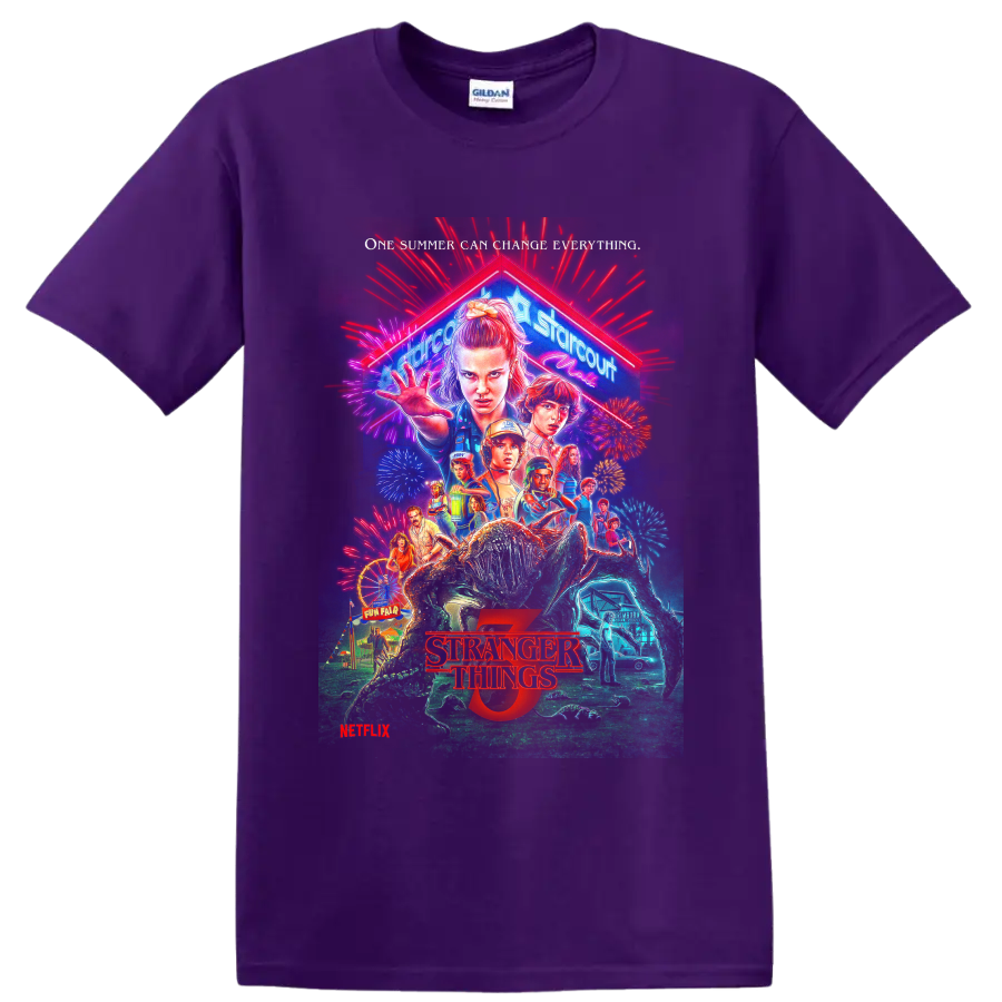 Stranger Things 2 retro neon horror poster character collage on a Purple T Shirt