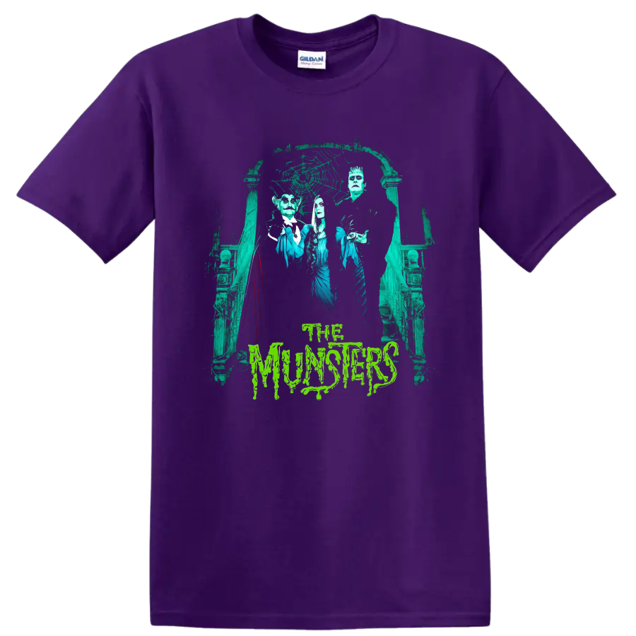 The Munsters gothic family portrait with haunted archway and dripping text on a Purple T Shirt