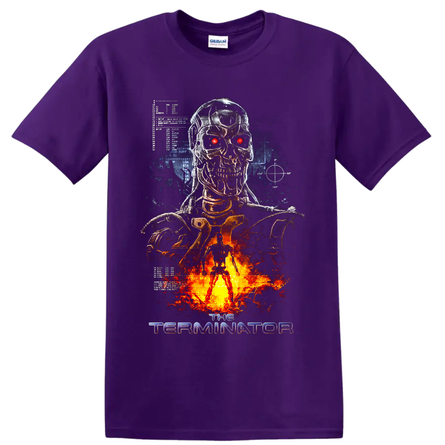 Terminator Salvation cybernetic skull with glowing red eyes and fiery sci-fi artwork on a Purple T Shirt