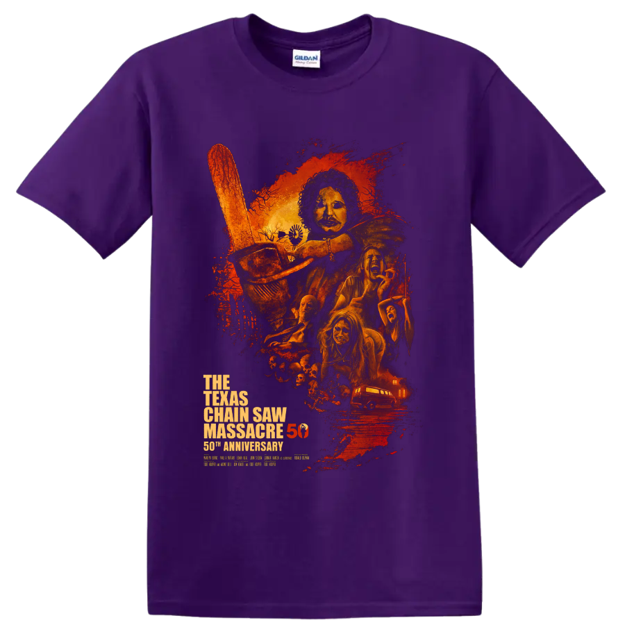 Leatherface chainsaw horror poster with 50th anniversary text on a Purple T Shirt