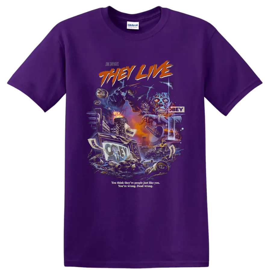 They Live dystopian horror collage with alien skulls and sunglasses on a Purple T Shirt