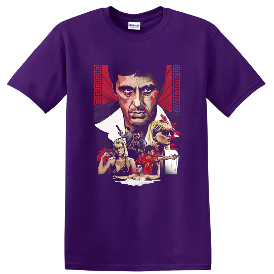 Scarface Tony Montana illustrated crime drama character collage on a Purple T Shirt