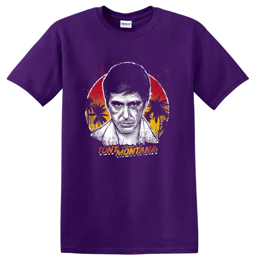 Tony Montana Scarface distressed portrait with tropical sunset graphic on a Purple T Shirt