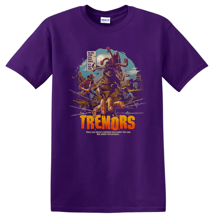 Tremors monster movie graphic with desert survivors and bold title text on a Purple T Shirt