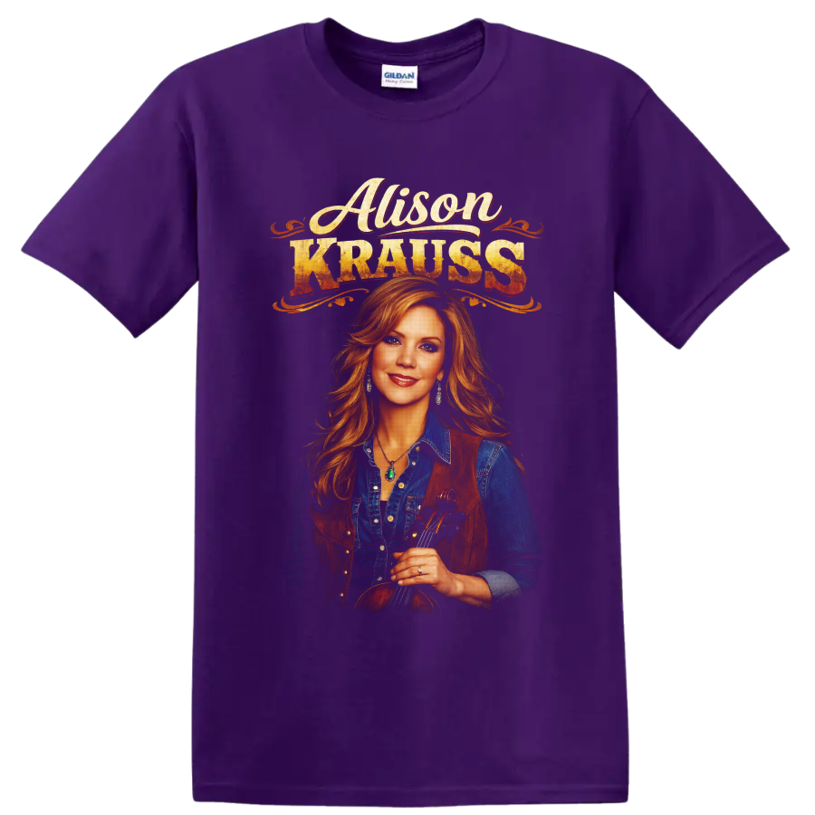 Alison Krauss fiddle portrait with distressed vintage western lettering on a Purple T Shirt