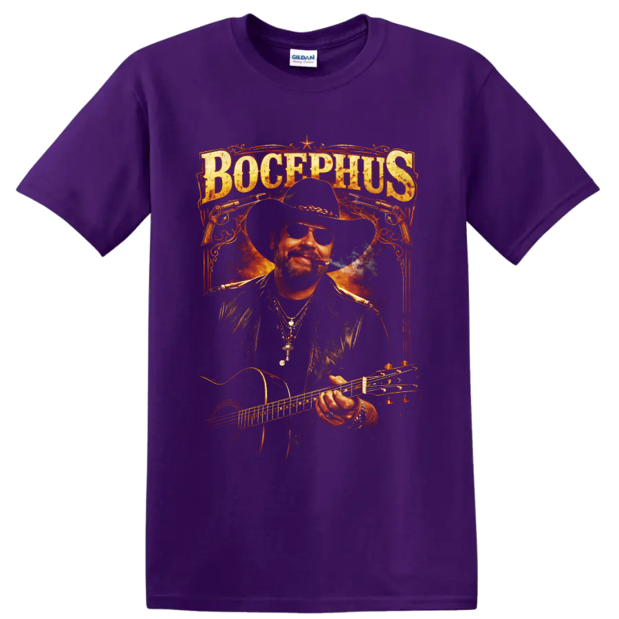 Hank Williams Jr. Bocephus cowboy guitar portrait with Western revolvers and fiery on a Purple T Shirt
