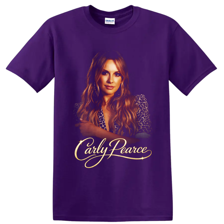 Carly Pearce country singer portrait with glowing gold script and sparkling accents on a Purple T Shirt