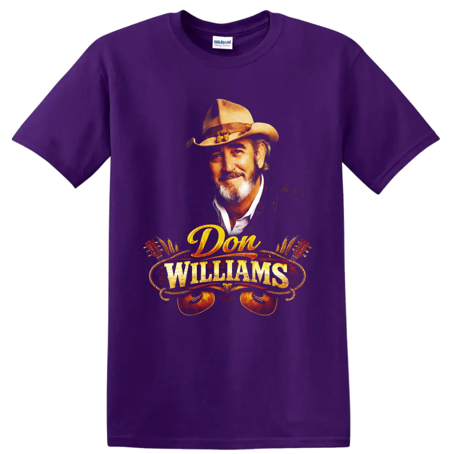 Don Williams cowboy hat portrait with guitars, rope, wheat, and western lettering on a Purple T Shirt