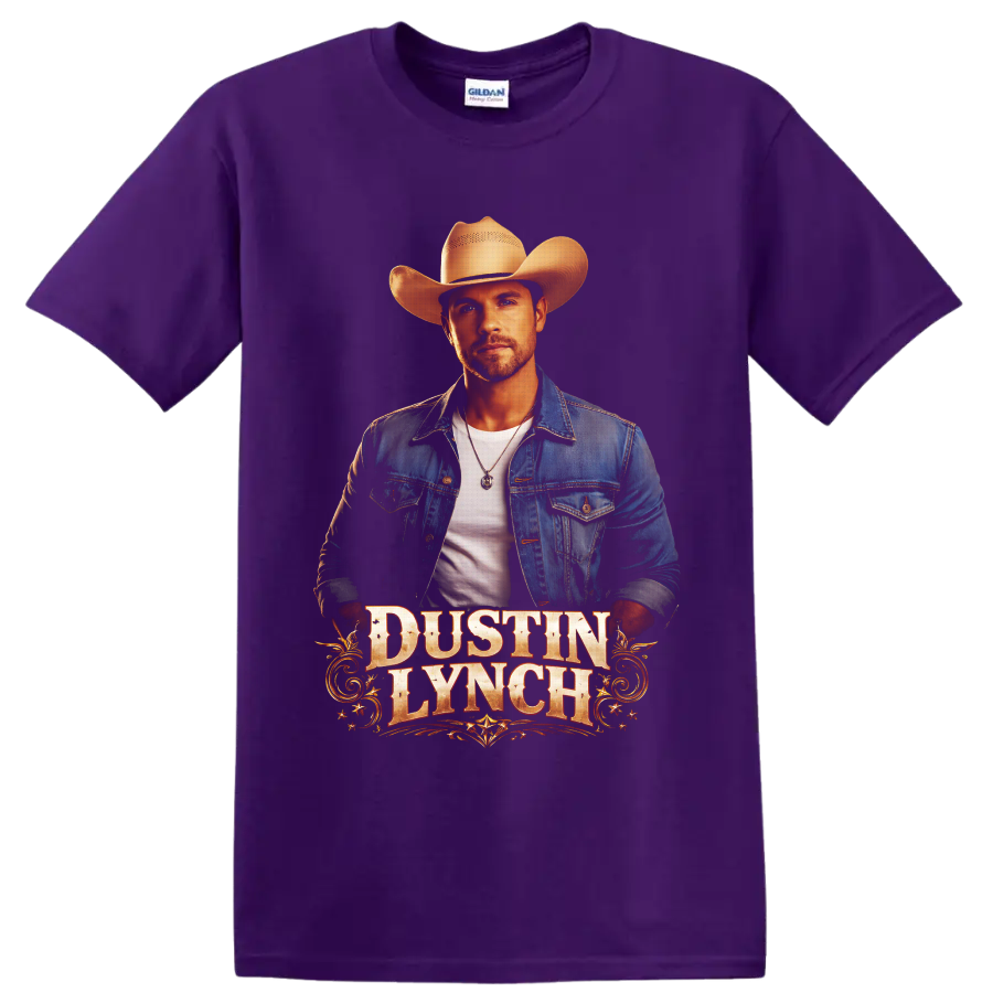 Dustin Lynch cowboy hat portrait with distressed western lettering and gold scrollwork on a Purple T Shirt