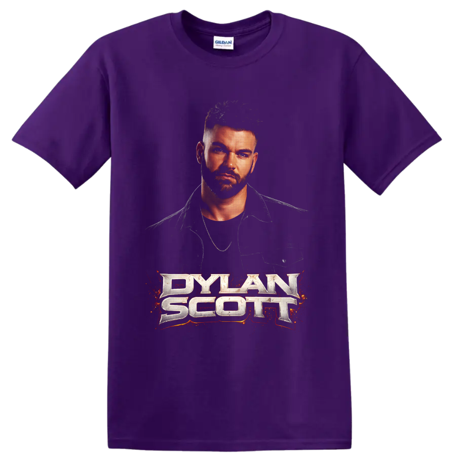 Dylan Scott portrait with metallic lettering and fiery red-orange country music graphics on a Purple T Shirt